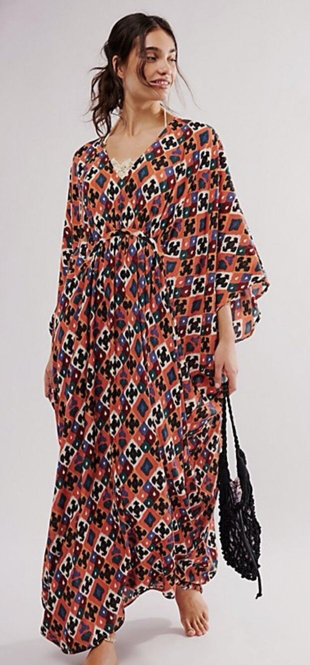 Free People Groovy Baby Maxi Kaftan OS -Multi Colored Retro Print